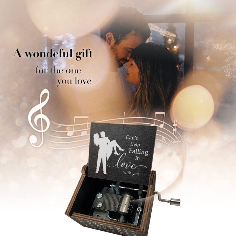 Hcaredee Cant Help Falling in Love Music Box for Lover Girlfriend Boyfriend Wife Husband Hand Crank Engraved Wooden Musical Boxes Gifts for Birthday Anniversary Valentine's Day Black - Image 3